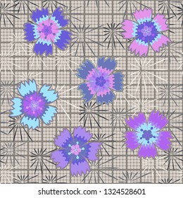 Seamless pattern. Symbolic carnations scattered on the foreground.
Checkered background with slanting stars. Edited.
