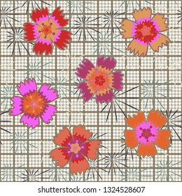 Seamless pattern. Symbolic carnations scattered on the foreground.
Checkered background with slanting stars. Edited.