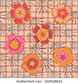 Seamless pattern. Symbolic carnations scattered on the foreground.
Checkered background with slanting stars. Edited.