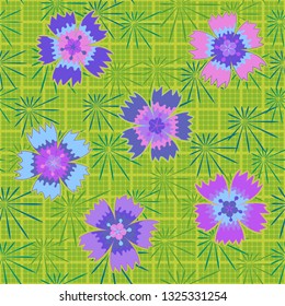 Seamless pattern. Symbolic carnations scattered on the foreground.
Checkered background with slanting stars. Edited.