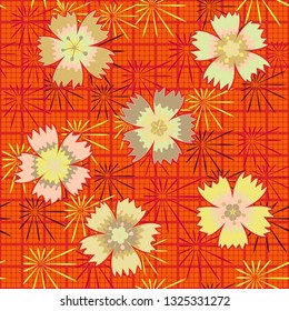 Seamless pattern. Symbolic carnations scattered on the foreground.
Checkered background with slanting stars. Edited.