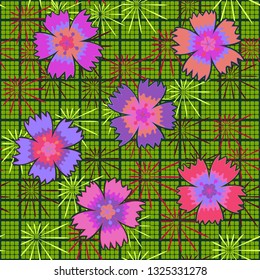 Seamless pattern. Symbolic carnations scattered on the foreground.
Checkered background with slanting stars. Edited.