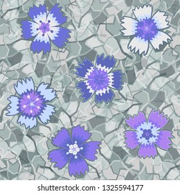 Seamless pattern. Symbolic carnations scattered on the foreground.
The background consists of a marble texture.