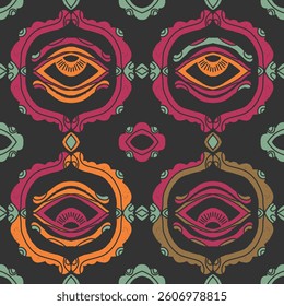 Seamless pattern with symbolic eyes in ornamental design. Vintage texture, subtle hand-printed effect. Ideal for design, textile, wallpaper and decorative projects.