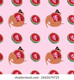 Seamless Pattern with Symbolic Fruit Art. Woman Holding Watermelon with Vulva Outline