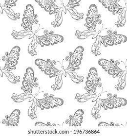 Seamless pattern, symbolical butterflies black contours on white background. Vector