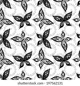 Seamless pattern, symbolical butterflies black contours on white background. Vector