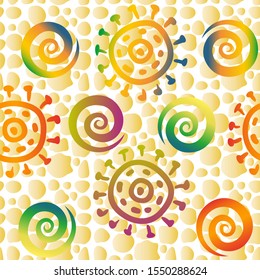 Seamless Pattern with Symbolical Colorful Suns Rings and Spirals on Abstract Tile Background. Vector