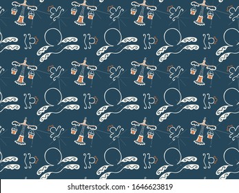 Seamless pattern symbolizing the zodiac sign Libra from hand-drawn astrological elements on a dark background. Galactic ornament. For textile, fabric, yoga mat and phone case. Vector