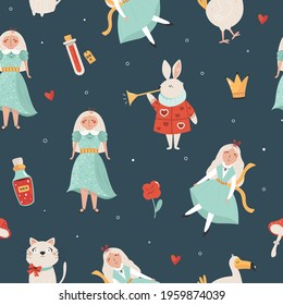 Seamless pattern with symbols from Alice in Wonderland. Vector illustration