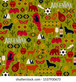 Seamless pattern with symbols of Argentina (country map, carnival mask, llama, meat, wine, football, glacier, spectacled bear, Argentine ornaments, mate, erythrina national flower).