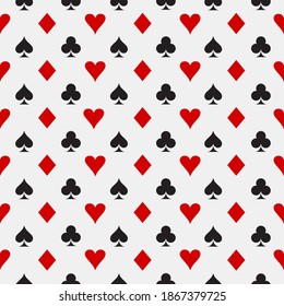 Seamless pattern of symbols of card suit - clubs, tambourines, spades, hearts on a white background.Vector graphics for design and decoration.