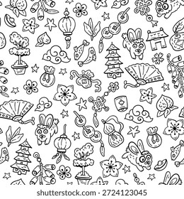 Nahtloses Muster mit Symbolen für Feier und Glück für das chinesische Neujahr. Chinesischer Tierkreis. Symbole des Glücks. Helle Doodle-Kulisse für Teenager. Kaninchen, Kürbis, Geld, Pagode,