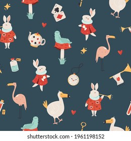 Seamless pattern with symbols  and characters of fairy tale. Vector illustration