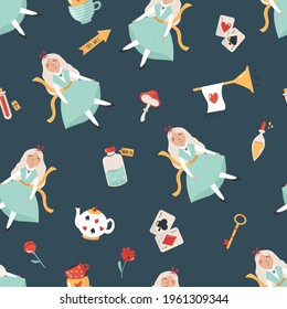 Seamless pattern with symbols and characters from fairy tale. Vector illustration