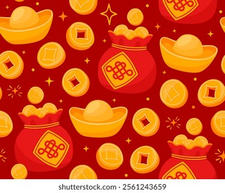 Seamless pattern with symbols of Chinese New Year, Tet, Lunar New Year. Red bags with coins, gold bars and stars. Symbols of wealth, prosperity, luck on red background. Wrapping paper.