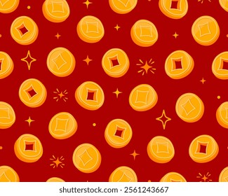 Seamless pattern with symbols of Chinese New Year, Tet, Lunar New Year. Gold coins, money on red. Symbols of wealth, prosperity, luck. Wrapping paper.