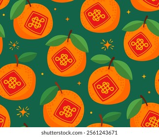 Seamless pattern with symbols of Chinese New Year, Tet, Lunar New Year. Orange tangerines on green background. Symbols of wealth, prosperity, luck. Wrapping paper.