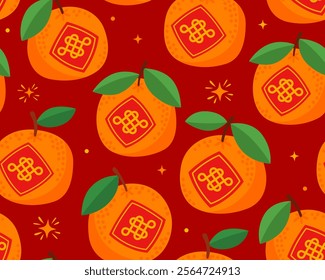 Seamless pattern with symbols of Chinese New Year, Tet, Lunar New Year. Orange tangerines with knot symbol on red background. Symbols for luck, spring, happiness and blessing. Wrapping paper.