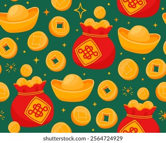 Seamless pattern with symbols of Chinese New Year, Tet, Lunar New Year. Red bags with coins, gold bars and stars. Symbols of wealth, prosperity, luck on green background. Wrapping paper.