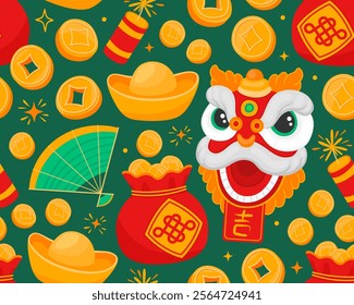 Seamless pattern with symbols of Chinese New Year, Tet, Lunar New Year. Tangerines, coins, gold, unicorn mask, fan, flowers. Symbols of wealth, prosperity, luck on green background.