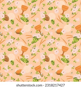 Seamless pattern with symbols of the Christian religion. holy communion elements - chalice, grapes, bread, ears of corn. Vector. Design for fabric, wallpaper, textile.