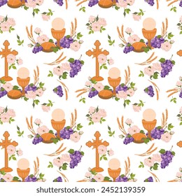 Seamless pattern with symbols of the Christian religion. holy communion elements - chalice, grapes, bread, ears of corn. Vector. Design for fabric, wallpaper, textile.