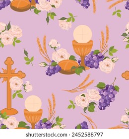 Seamless pattern with symbols of the Christian religion. holy communion elements - chalice, grapes, bread, ears of corn. Vector. Design for fabric, wallpaper, textile.