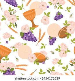 Seamless pattern with symbols of the Christian religion. holy communion elements - chalice, grapes, bread, ears of corn. Vector. Design for fabric, wallpaper, textile.