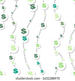 Seamless Pattern of the symbols of dollar currency chain attached on white. Green vector background with signs of dollars. The pattern can be used for your ad, poster, banner of USD money.