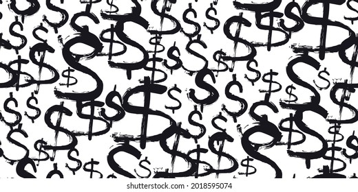 Seamless Pattern of the symbols of dollar currency. Black and white vector background with signs of dollars. The pattern can be used for your ad, poster, banner of USD money. Vector illustration