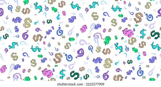 Seamless Pattern of the symbols of dollar currency and question marks scattered on white. Background can be used for your ad, poster, phone cases, wrapping paper, gift wrap, textile, wallpaper. Vector