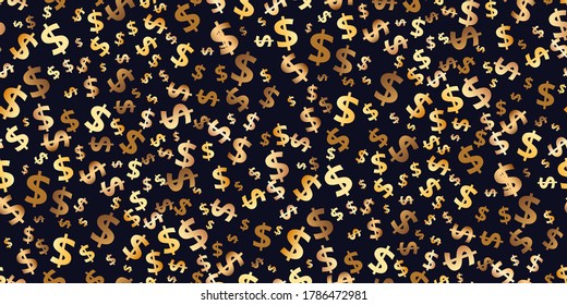Seamless pattern of symbols of dollar flying currency. Trendy investment pattern. Golden vector background with signs of dollars. Can be used for ad, poster, banner of american money exchange. Vector