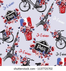 Seamless pattern with symbols of France: Eiffel tower, city bike with flower basket, I love you text in French. Hand drawn graphic vector watercolor style vintage endless background.