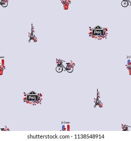 Seamless pattern with symbols of France: Eiffel tower, city bike with flower basket, I love you text in French. Hand drawn graphic vector watercolor style vintage endless background.