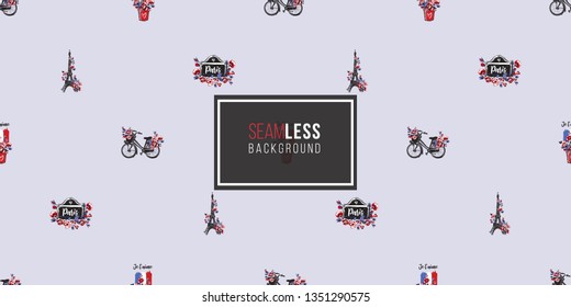 Seamless pattern with symbols of France: Eiffel tower, city bike with flower basket, I love you text in French. Hand drawn graphic vector watercolor style vintage endless background.