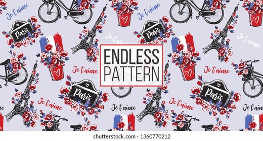 Seamless pattern with symbols of France: Eiffel tower, city bike with flower basket, I love you text in French. Hand drawn graphic vector watercolor style vintage endless background.