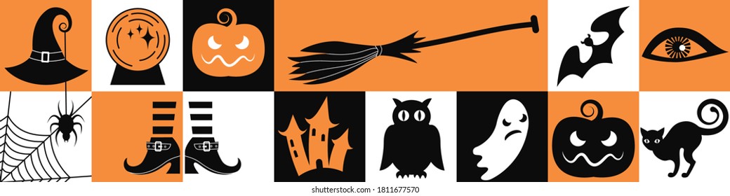 seamless pattern of the symbols of Halloween. black and white attributes on a white background with an inscription. flat drawing in the cartoon style. stock vector illustration. EPS 10.