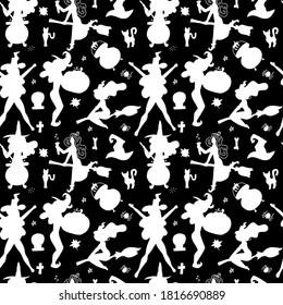 Seamless Pattern, Symbols Halloween Holiday, White witche Silhouettes on black Background. Vector simple flat backdrop