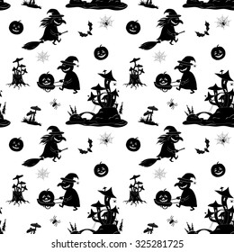 Seamless Pattern, Symbols Halloween Holiday, Black Silhouettes on White Background. Vector