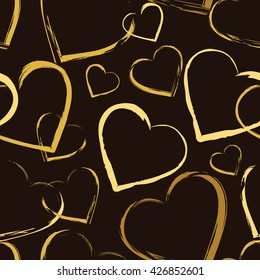 Seamless pattern with symbols of heart. Gold hearts randomly scattered on the dark background. Vector illustration in EPS8 format, pattern swatch included.