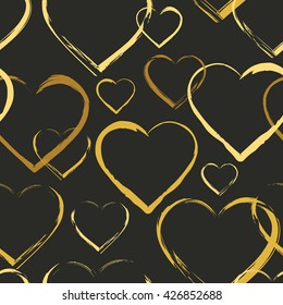 Seamless pattern with symbols of heart. Gold hearts randomly scattered on the dark background. Vector illustration in EPS8 format, pattern swatch included.