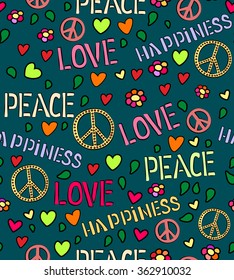 Seamless pattern with symbols of the hippie. love and peace color background. Hand drawn retro color doodle design with flower. 