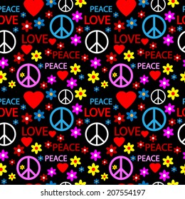 Seamless pattern with symbols of the hippie. Vector illustration.