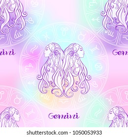 Seamless pattern with symbols of a horoscope, signs of the zodiac. In soft ultra violet vanilla pastel colors. Stock vector illustration.