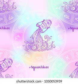 Seamless pattern with symbols of a horoscope, signs of the zodiac. In soft ultra violet vanilla pastel colors. Stock vector illustration.