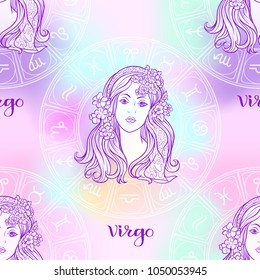 Seamless pattern with symbols of a horoscope, signs of the zodiac. In soft ultra violet vanilla pastel colors. Stock vector illustration.