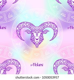Seamless pattern with symbols of a horoscope, signs of the zodiac. In soft ultra violet vanilla pastel colors. Stock vector illustration.