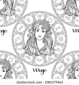 Seamless pattern with symbols of a horoscope, signs of the zodiac. Outline stock vector illustration.