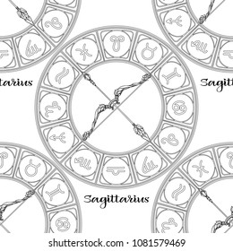 Seamless pattern with symbols of a horoscope, signs of the zodiac. Outline stock vector illustration.